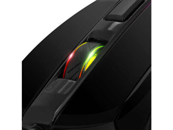 Zoom sur la molette de la souris avec 2 bandes de lumière RVB le long de la molette et bouton programmable visible au-dessus
