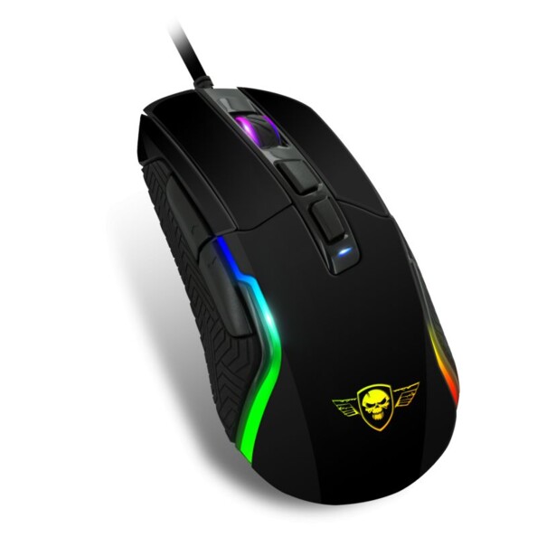 Souris de gamer spécial jeu vidéo avec logo Spirit of Gamer, bandes de rétroéclairage multicolore sur les côtés et sur la molette avec fil de connexion à l'avant, bouton de commandes sur le dessus et les côtés et caoutchouc nervuré sur les côtés