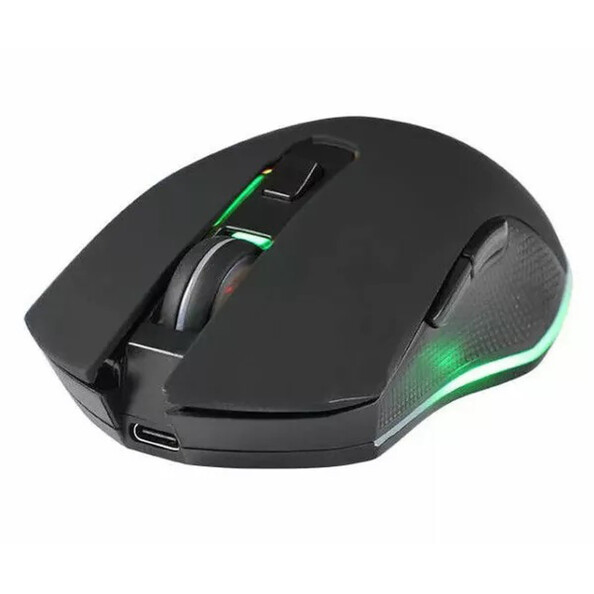 Avant de la souris gaming sans fil avec port de chargement USB-C, molette bidirectionnelle et bouton de réglage de la sensibilité sur le dessus