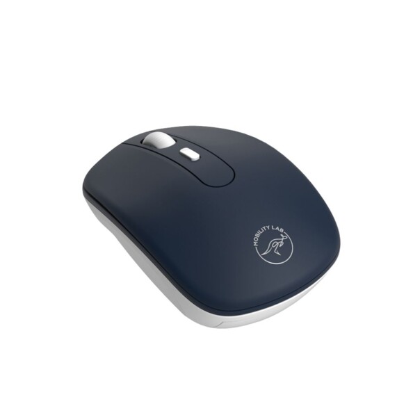 Vue arrière du périphérique pour PC Windows et MacOS coloris bleu et blanc avec bouton de commande, molette, clics silencieux et logo Mobility Lab imprimé