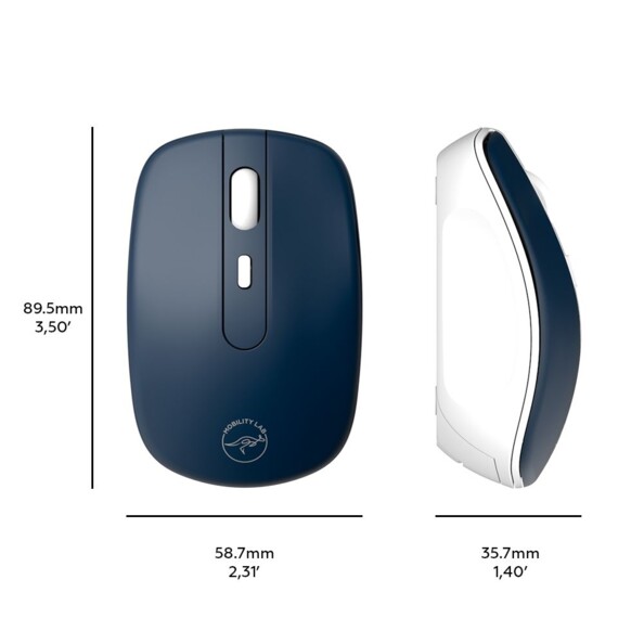 Souris sans fil bluetooth 2,4 GHz avec dimensions de largeur, de longueur et de hauteur annotées