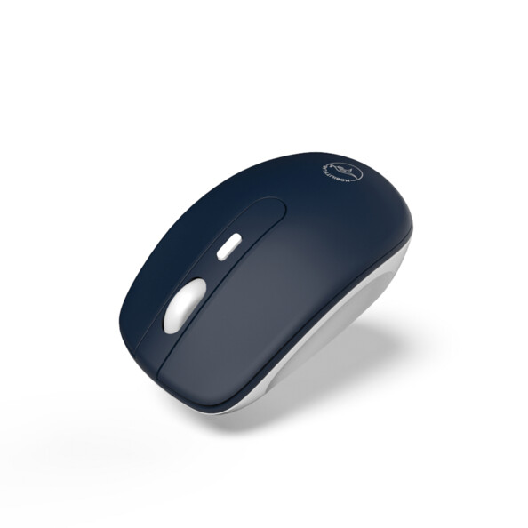 Souris sans fil à fonction bluetooth lévitant sur le côté gauche avec vue sur les clics silencieux de la souris, sur la molette de défilement blanche et sur le bouton de réglage de la précision en dpi