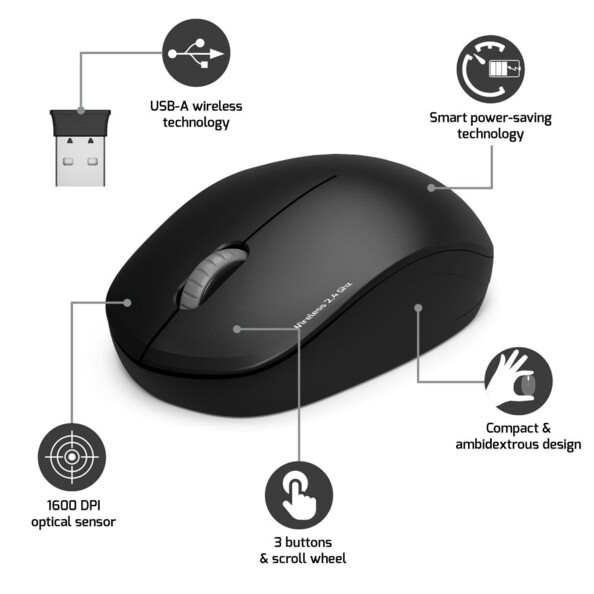 Design compacte souris avec technologie sans fil 2.4 Ghz avec une grande portée de 20 m
