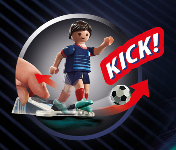 Mécanisme de frappe de balle par footballer français playmobil