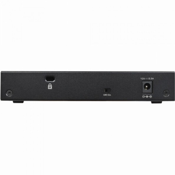 Commutateur non géré 8 ports plat rectangulaire coloris noir vue arrière avec prise d'alimentation DC 12 V / 0,5 A, interrupteur ON/OFF et verrou antivol Kensington K-Lock