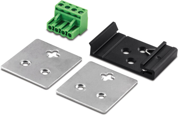 Deux plaques de fixation métallliques perforées pour montage mural, support pour montage sur rail perforé noir pour montage sur rain DIN et bornier amovible vert à double entrée d'alimentation pour branchement de câbles dénudés