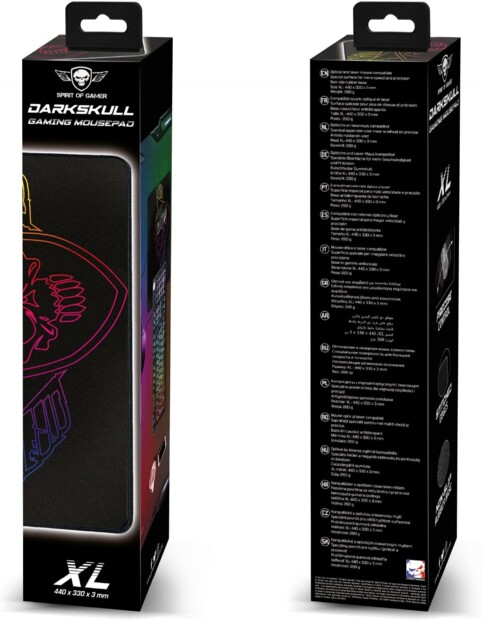 Tapis de souris de précision Darkskull XL enroulé à la verticale dans son emballage plastifié et cartonné