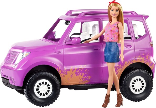 Barbie Mobilier voiture 4x4 tout terrain, véhicule mauve décapotable et une poupée blonde incluse, jouet pour enfant, GHT18