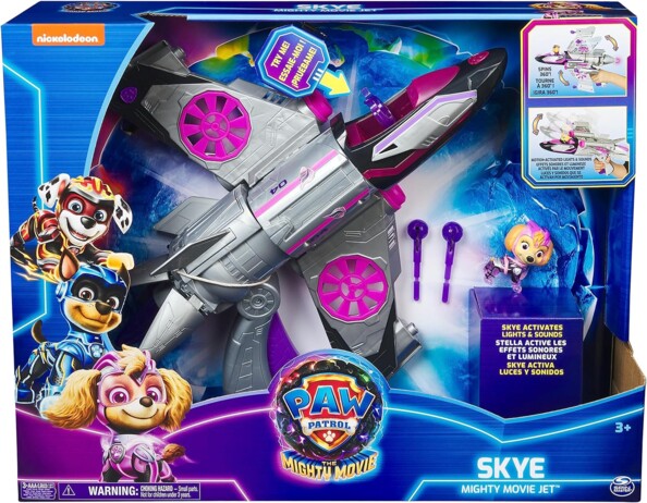 Véhicule transformable interactif Paw Patrol The Mighty Movie et sa figurine Stella dans leur emballage de présentation cartonné ouvert pour test