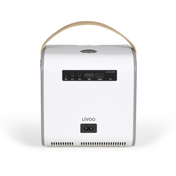 Arrière du vidéoprojecteur avec prise d'alimentation secteur, prise casque, prise AV, prise HDMI, port USB et fente TF pour carte mémoire