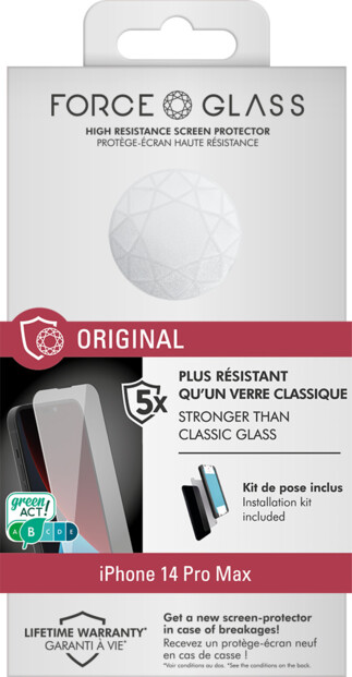 Protège-écran en verre trempé Force Glass dans son emballage avec kit d'installation
