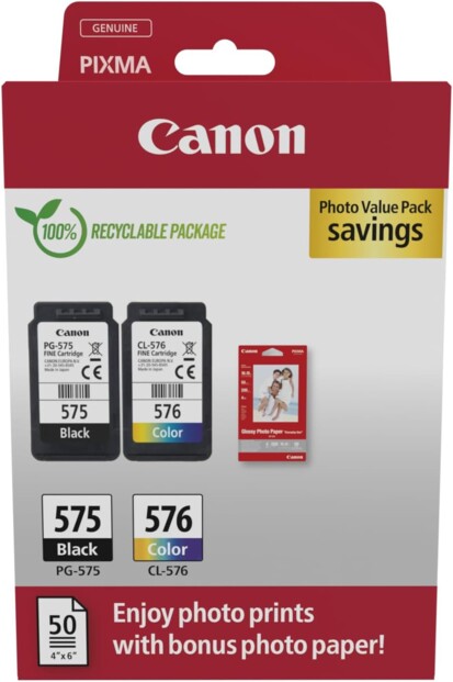 Pack de 2 cartouches d'encre CMJN Canon PG-575/CL-576 avec 50 feuilles de papier photo glacé Canon GP-501 10 x 15 cm