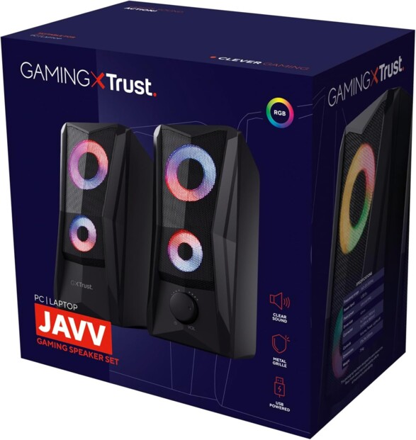 Enceintes PC Javv GXT 606B Trust Gaming dans leur emballage cartonné