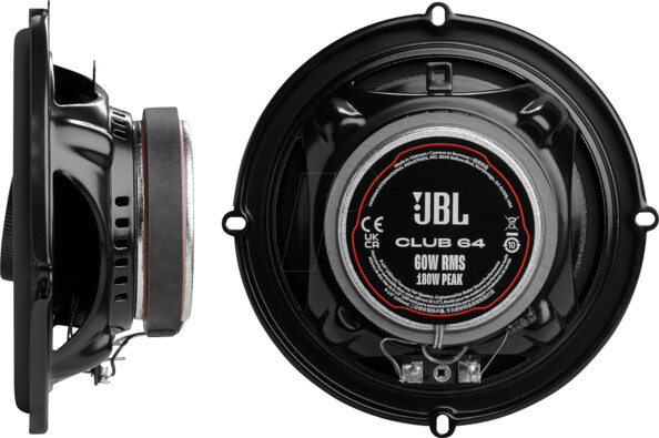 Arrière du speaker pour caisson de véhicule avec caractéristiques techniques et côté gauche d'un haut-parleur JBL avec ouvertures sonores