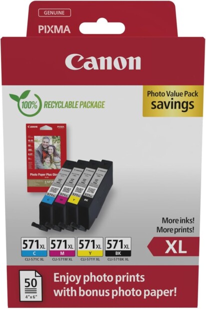 Pack de 4 cartouches d'encre originales Canon CLI-571XL et 50 feuilles de papier photo Glossy II 10 x 15 cm