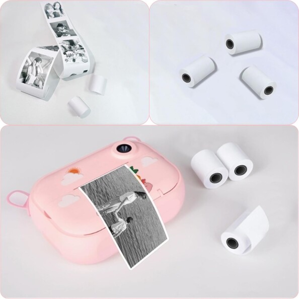 Mise en situation de l'utilisation de papier photo thermique sur un polaroid d'un appareil photo d'enfant rose pâle à côté de rouleaux de rechange et d'une bobine de photos en noir et blanc type impression de photomaton