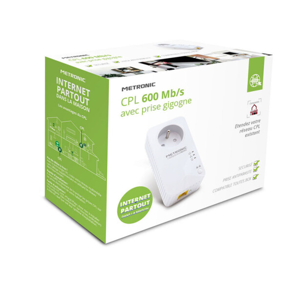 Metronic CPL 600 Mb/s avec prise gigogne dans son carton vert et blanc