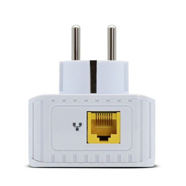 Vue du dessous sur le port RJ45 Fast Ethernet 100 Mb/s et la prise secteur du boîtier réseau CPL