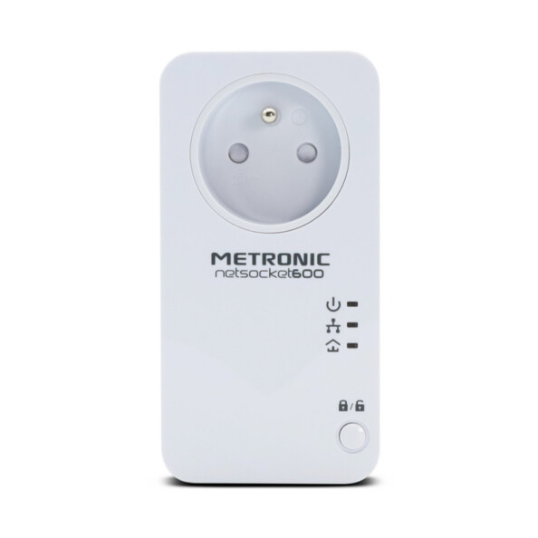 Boîtier CPL Metronic netsocket 600 coloris blanc avec prise française, bouton de connexion et voyants LED de contrôle