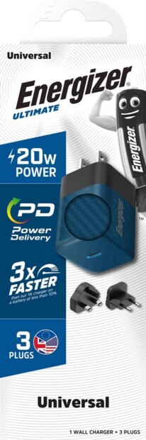 Emballage cartonné bleu et blanc du chargeur rapide mural international compact USB-C avec 3 prises (UE/UK/US)