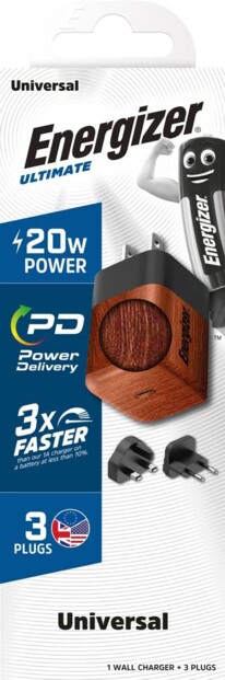 Emballage cartonné bleu et blanc du chargeur rapide mural international compact USB-C avec 3 prises (UE/UK/US)