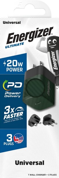 Emballage cartonné bleu et blanc du chargeur rapide mural international compact USB-C avec 3 prises (UE/UK/US)