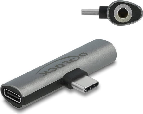 Adaptateur audio USB-C mâle vers jack stéréo 3,5 mm et USB-C femelle de la marque DeLock