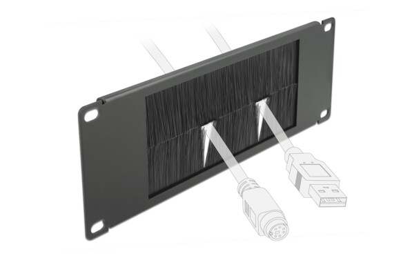 Schémisation du passage de câbles réseau dans les poils de la brosse en nylon de la plaque passe-câble pour baie réseau 10" DeLock