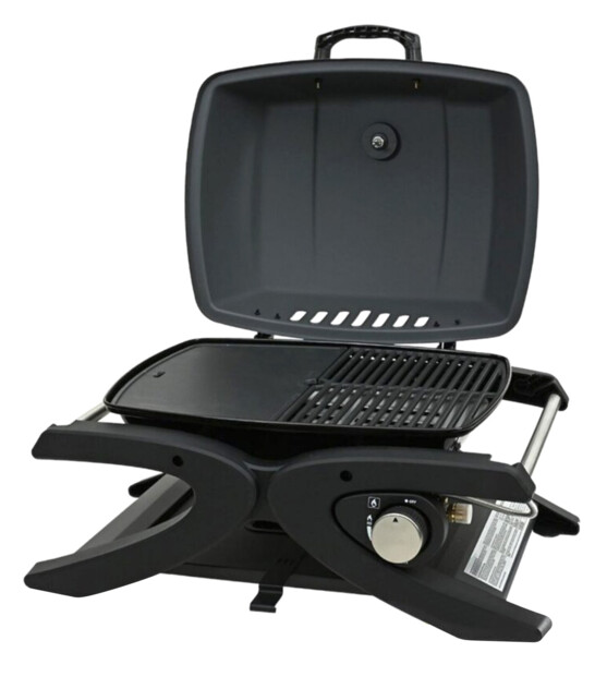 Barbecue à gaz compact coloris noir avec grille, plancha et plateaux extérieurs amovibles