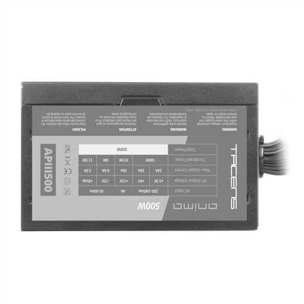 Face avant de l'alimentation format ATX pour PC avec tableau de spécifications techniques