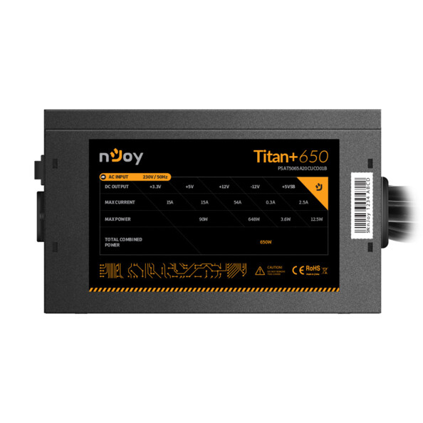 Étiquette de spécifications techniques située sous le bloc d’alimentation ATX pour PC gaming