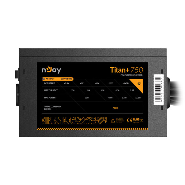 Étiquette de spécifications techniques située sous le bloc d’alimentation ATX pour PC gaming