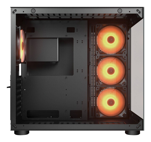 Intérieur du boîtier Cougar sans panneau latéral montrant trois ventilateurs RGB orange et plateau carte mère