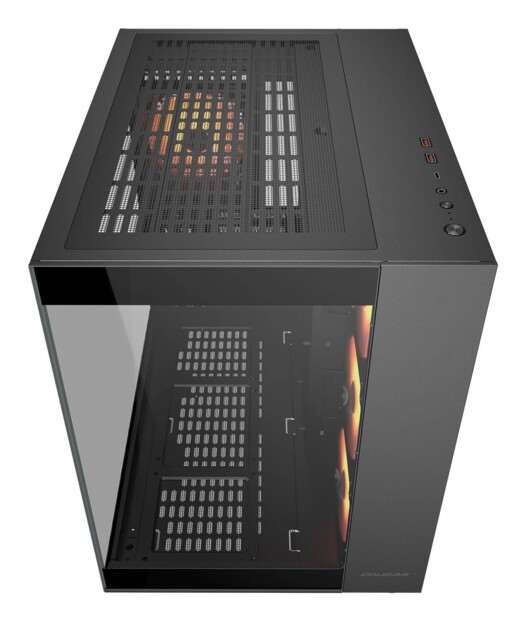 Vue plongeante du boîtier Cougar avec connectique supérieure USB-C, audio et éclairage RGB orange interne