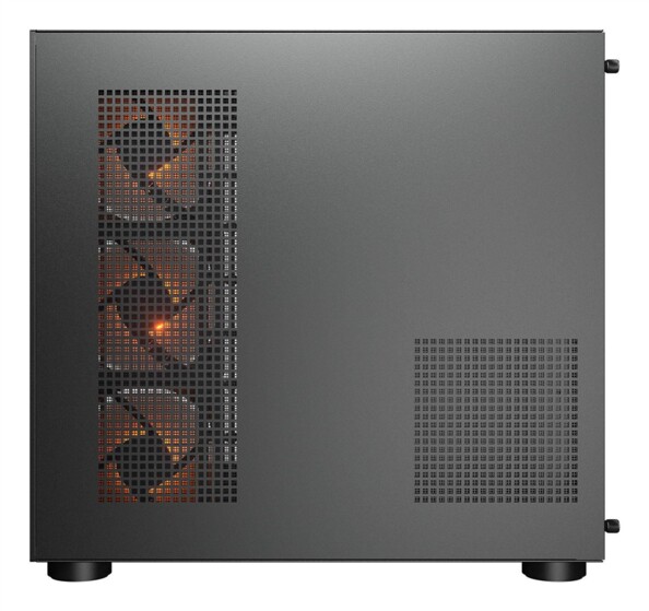 Panneau latéral gauche du boîtier Cougar noir avec grilles de ventilation perforées et éclairage RGB orange