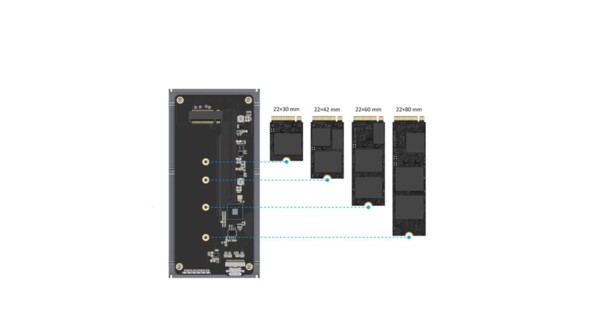 Aperçu de quatre formats de SSD compatible avec l'interface M.2 du boîtier LMP : 2230/2242/2260/2280