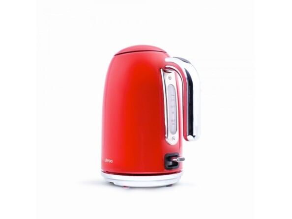 Vue de biais coté droit de la bouilloire pour thé et café design rétro rouge et chrome avec fenêtre d'aperçu du niveau d'eau sous la poignée