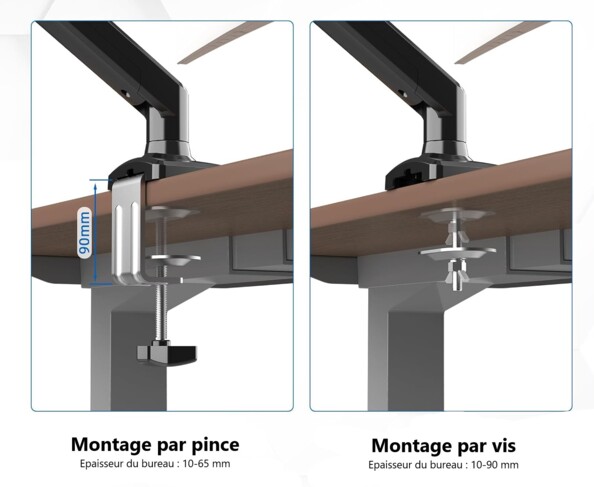 Deux illustrations des deux options de montage du bras articulé pour écran TV/PC par pince et par vis