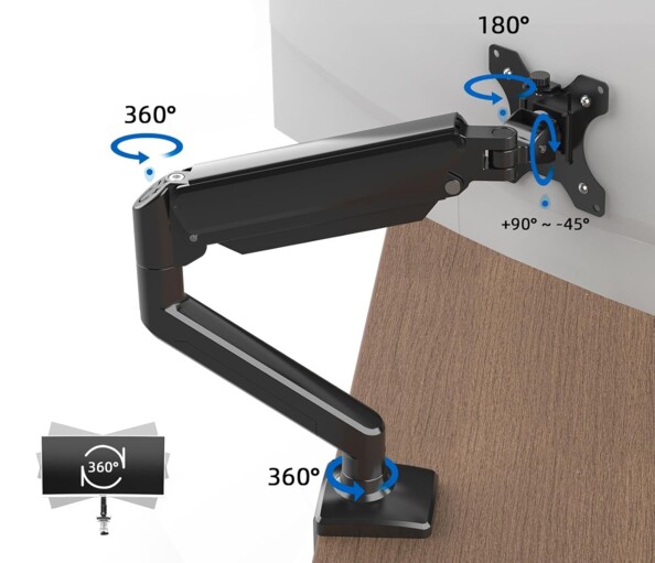 Bras de support rotatif et modulable pour écran avec angles de rotation indiqués