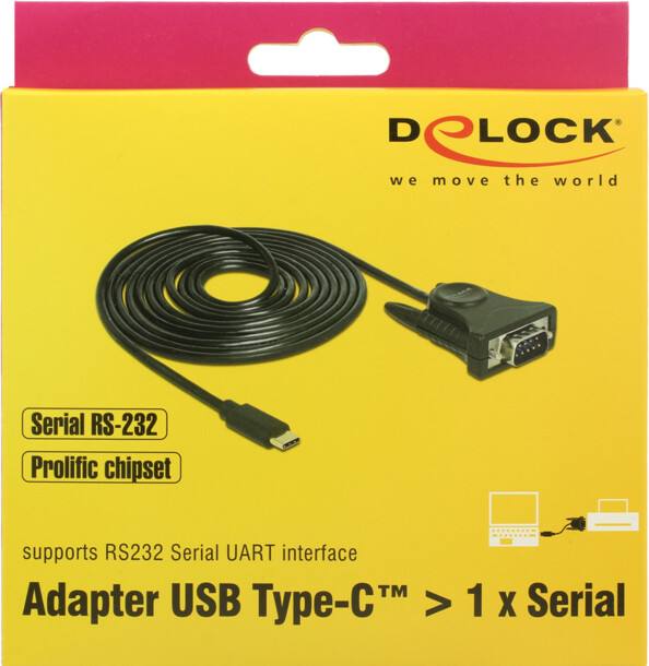 Câble USB-C vers RS-232 DB9 Delock 62964 avec CD pilote et mode d’emploi en français dans un emballage cartonné jaune et rouge