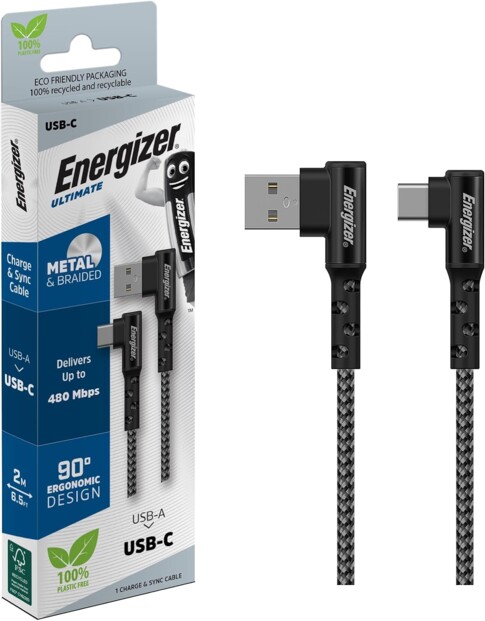 Energizer - Câble USB-C Coudé à 90° - Extra-long (2 m)