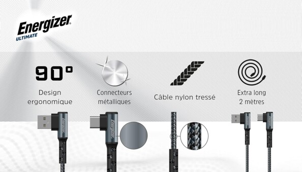 Energizer - Câble USB-C Coudé à 90° En Nylon Tressé