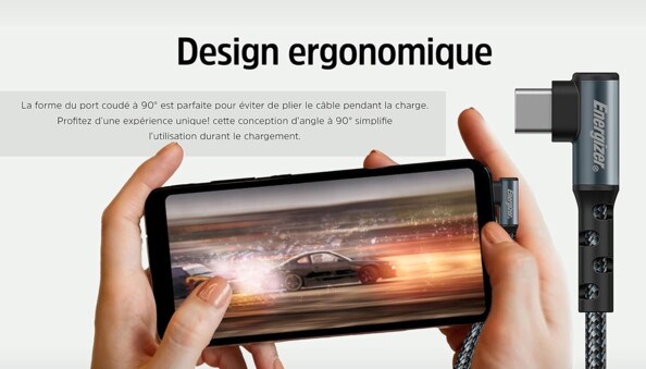Energizer - Câble USB-C Coudé à 90° Idéal pour les Gamers - Noir