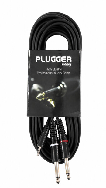 Câble Y PLUGGER enroulé avec emballage noir et trois fiches jack 3,5 mm et 6,35 mm