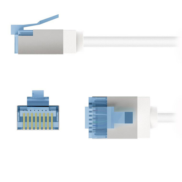Vue de face, de profil et du dessus d'une fiche RJ45 avec nez d'encliquetage bleu transparent et contacts plaqués or du câble réseau