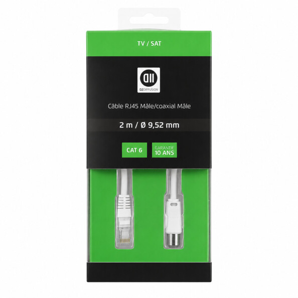 Câble adaptateur Pearl blanc avec fiche RJ45 transparente et connecteur coaxial mâle