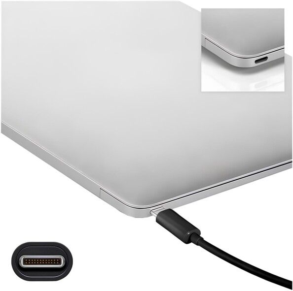 Câble USB-C vers Micro-USB B coloris noir branché au port USB-C d'un PC portable fermé avec zoom sur le port de chargement et la fiche réversible USB-C