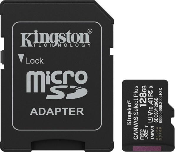 Carte MicroSD Canvas Select Plus Kingston 128 Go UHS-1/A1/V10/U1 avec adaptateur format SD
