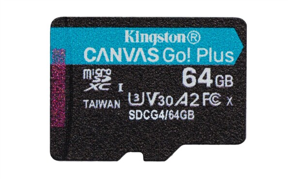 Gros plan sur la carte microSDXC Kingston Canvas Go! Plus 64 Go, face avant avec classes U3, V30, A2
