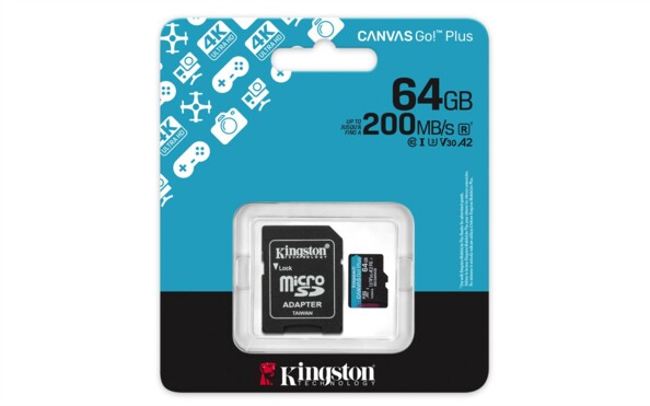 Blister Kingston Canvas Go! Plus 64 Go avec carte microSD et adaptateur SD, vitesse 200 Mo/s